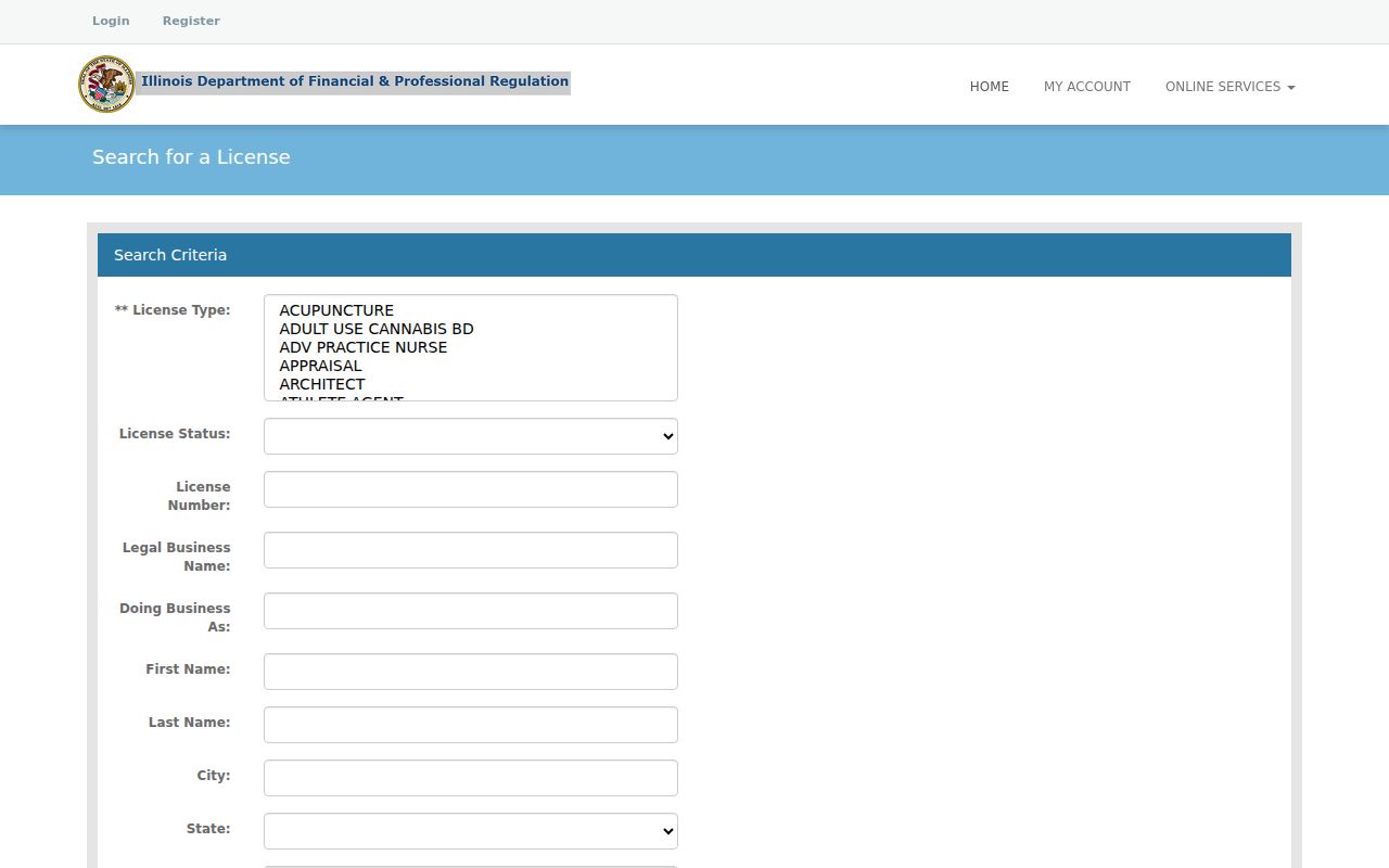 Glendale Heights resident lookup fields in the Illinois professional license database