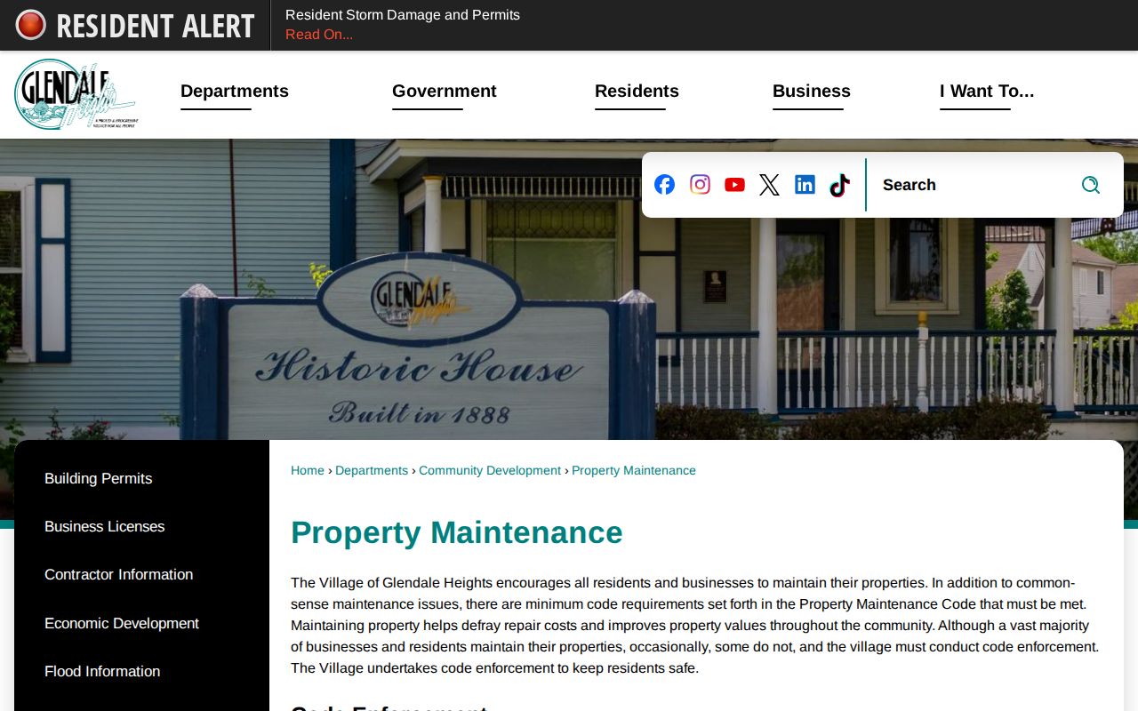 Glendale Heights street directory Village property maintenance records
